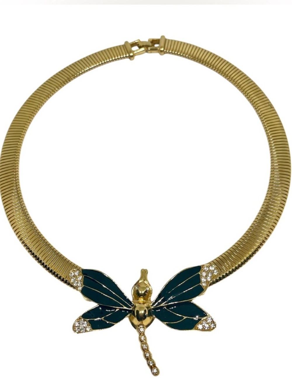 Vintage Gold Collar Necklace with Dark Green Enamel Dragonfly